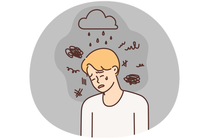 Depressiver Mann weint wegen schlechtem Wetter und Stress braucht Unterstützung Psychotherapeut  Illustration