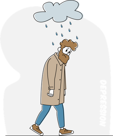 Depressiver und ängstlicher Mann mit Depressionen und Angstzuständen fühlt sich frustriert, wenn er unter einer Regenwolke läuft  Illustration