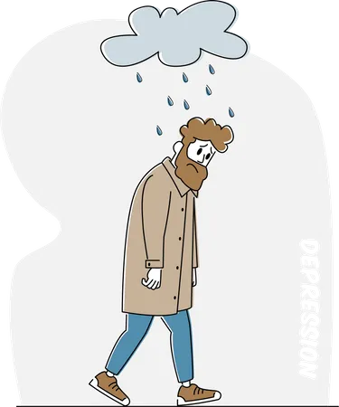 Depressiver und ängstlicher Mann mit Depressionen und Angstzuständen fühlt sich frustriert, wenn er unter einer Regenwolke läuft  Illustration