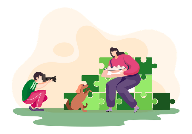 Der Fotograf macht ein Foto von der jungen Frau und ihrem Hund im Park  Illustration
