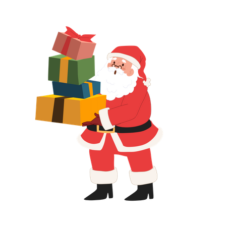 Der glückliche Weihnachtsmann hält eine Menge Geschenkboxen in der Hand  Illustration