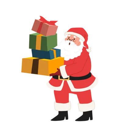 Der glückliche Weihnachtsmann hält eine Menge Geschenkboxen in der Hand  Illustration