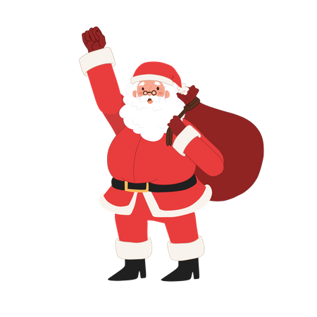 Der glückliche Weihnachtsmann trägt einen Sack voller Geschenke und hebt die Hand  Illustration