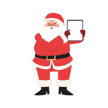 Der glückliche Weihnachtsmann zeigt einen leeren Tablet-Bildschirm  Illustration