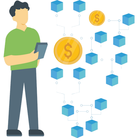 Der Junge arbeitet an der Dollar-Blockchain.  Illustration