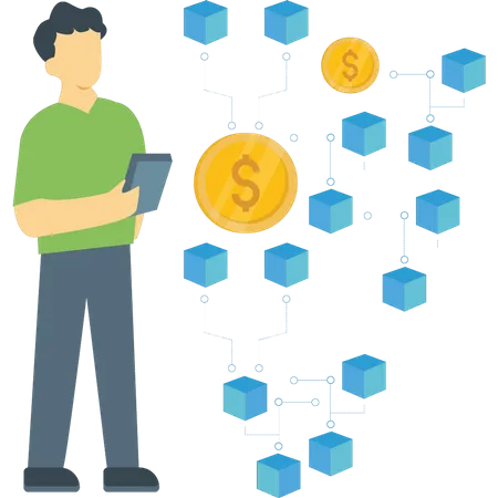 Der Junge arbeitet an der Dollar-Blockchain.  Illustration