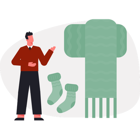Der Junge erklärt handgemachte Socken und Schals  Illustration