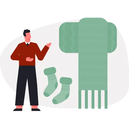 Der Junge erklärt handgemachte Socken und Schals  Illustration