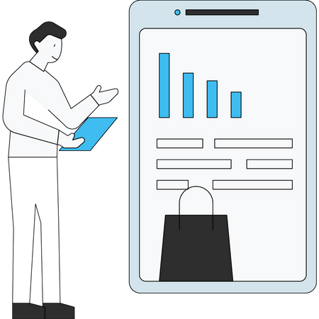 Der Junge schaut auf das mobile Balkendiagramm  Illustration