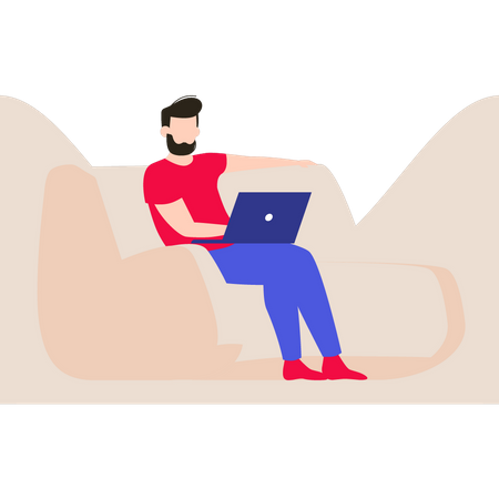 Der Junge sitzt mit einem Laptop auf dem Sofa  Illustration