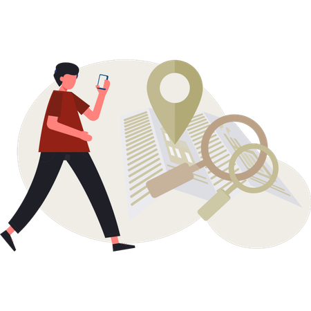 Der Junge sucht den Standort auf der Karte  Illustration