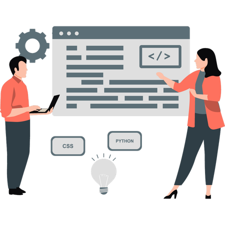 Der Junge und das Mädchen arbeiten an der Programmierung einer Webseite  Illustration