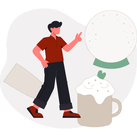 Der Junge zeigt auf eine Tasse Milch  Illustration