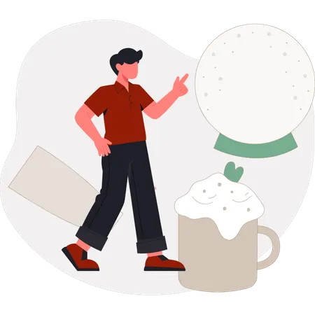 Der Junge zeigt auf eine Tasse Milch  Illustration