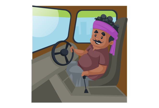 Der LKW-Fahrer sitzt im LKW und hält das Lenkrad  Illustration