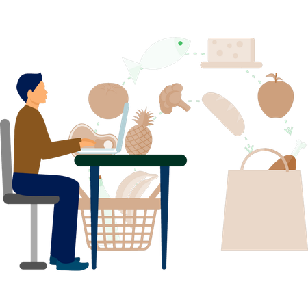 Der Mann überprüft Lebensmittel online  Illustration