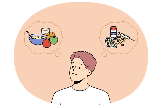 Der Mensch wählt zwischen gesunder Ernährung und pharmakologischen Medikamenten  Illustration