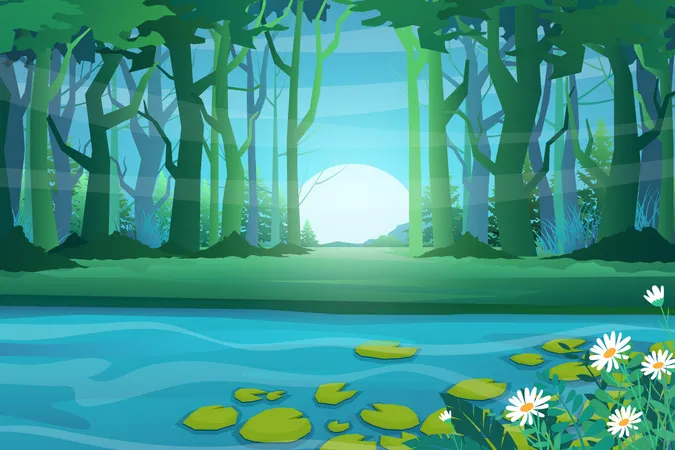 Der Wald und der große Teich mit Lotus  Illustration