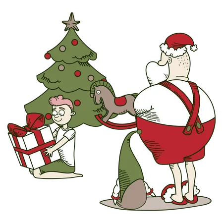 Der Weihnachtsmann hat einem Jungen ein Geschenk gemacht  Illustration