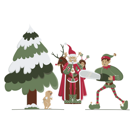 Der Weihnachtsmann und der Elf fällen einen Baum mit der Kettensäge  Illustration