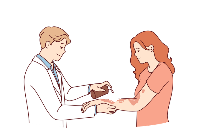 Dermatologe behandelt Ekzeme an den Händen einer Frau, die an Hautkrankheiten und Pigmentflecken leidet  Illustration