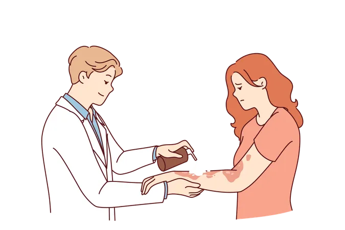 Dermatologe behandelt Ekzeme an den Händen einer Frau, die an Hautkrankheiten und Pigmentflecken leidet  Illustration