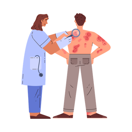 Dermatologista examina paciente com doença de pele  Illustration