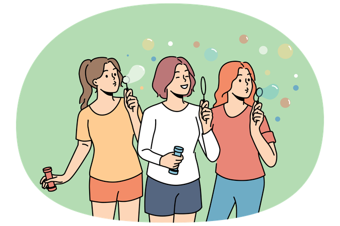 Des adolescentes gonflent des bulles de savon en profitant des loisirs en plein air par temps chaud d'été  Illustration