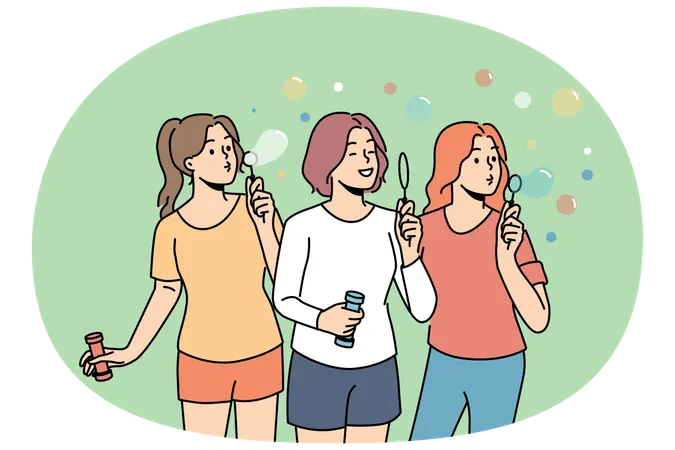 Des adolescentes gonflent des bulles de savon en profitant des loisirs en plein air par temps chaud d'été  Illustration
