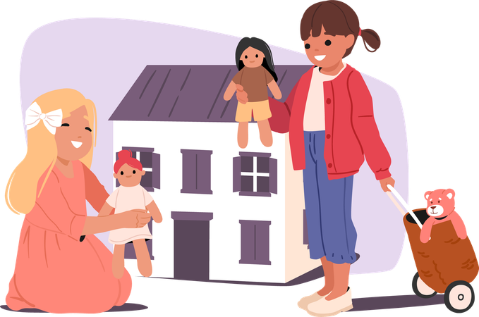 De joyeuses petites amies jouent à la poupée et à la maison de poupée à la maison ou à la maternelle  Illustration