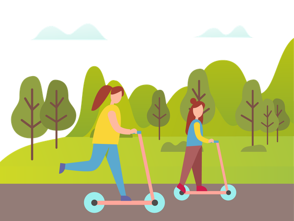 Les amis apprécient le scooter dans le jardin  Illustration