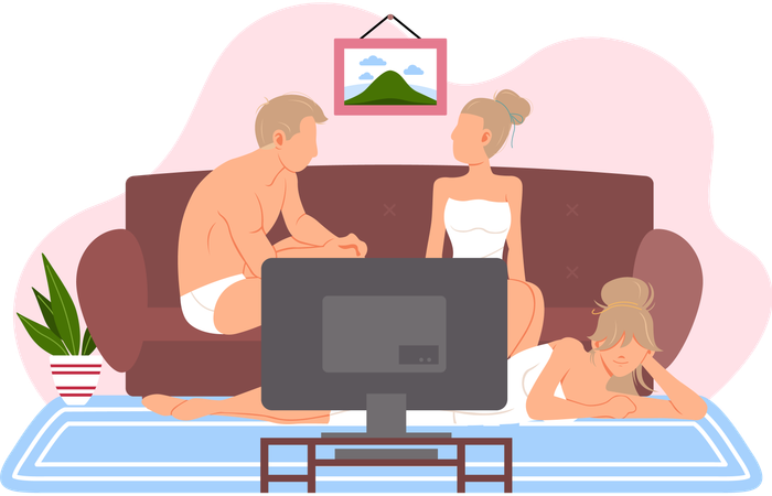 Des amis en maillot de bain passent du temps ensemble sur le canapé et regardent la télévision dans le salon  Illustration