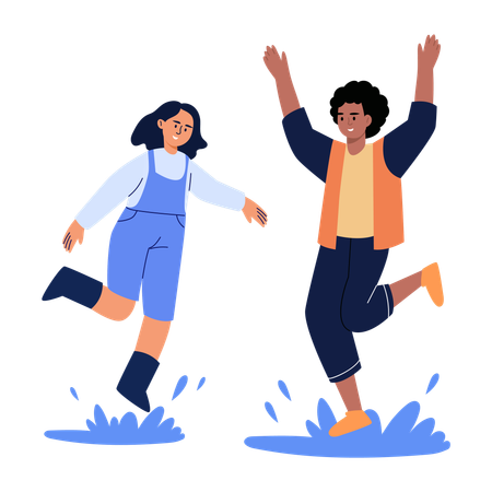 Des amis sautant dans les flaques d'eau de pluie  Illustration