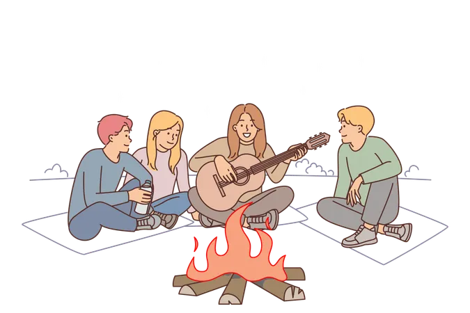 Des amis sont assis autour d'un feu de camp avec une guitare, profitant du camping et de la détente sur la plage du soir  Illustration