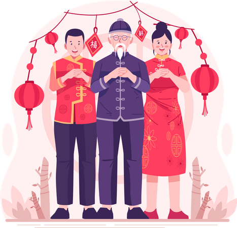 Des Asiatiques portant des vêtements traditionnels chinois exécutent des gestes de salut du poing et de la paume pour souhaiter un joyeux nouvel an chinois  Illustration