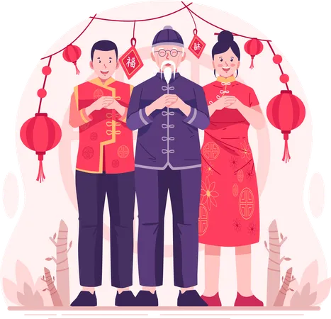 Des Asiatiques portant des vêtements traditionnels chinois exécutent des gestes de salut du poing et de la paume pour souhaiter un joyeux nouvel an chinois  Illustration