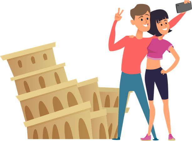 Des couples font un selfie près du Colisée romain  Illustration