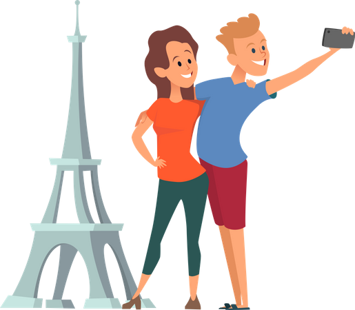 Des couples heureux font un selfie près de la Tour Eiffel  Illustration