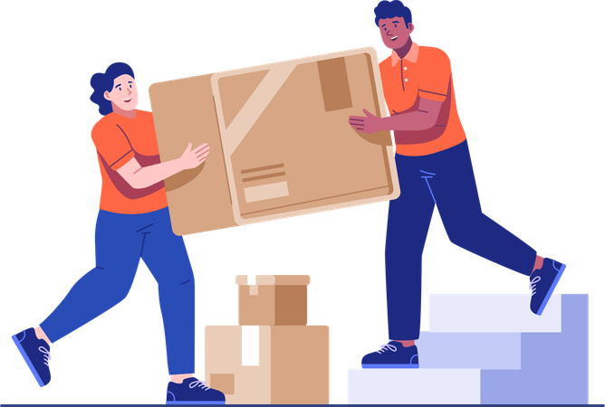 Des coursiers hommes et femmes travaillent ensemble pour transporter une grande boîte en carton  Illustration