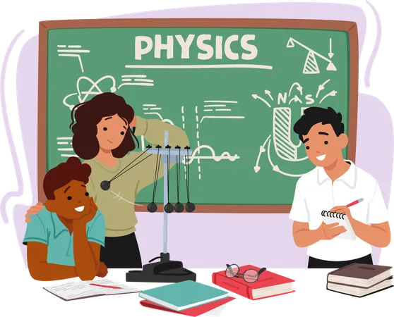 Des enfants enthousiastes dans une salle de classe de physique explorent l'énergie cinétique grâce à des expériences pratiques  Illustration