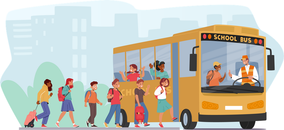 Des enfants enthousiastes montent à bord du bus scolaire  Illustration