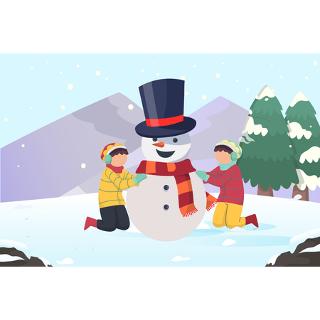 Des enfants heureux font un bonhomme de neige  Illustration