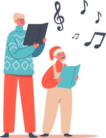 Des enfants heureux portant des chapeaux de Père Noël et des pulls tricotés chantant des chansons de Noël  Illustration