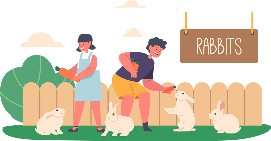 Des enfants jouent avec des lapins dans une ferme d'élevage  Illustration