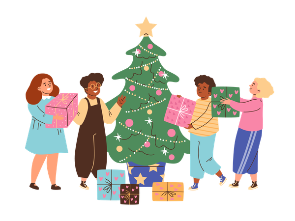 Des enfants offrent un coffret cadeau de Noël à un garçon  Illustration