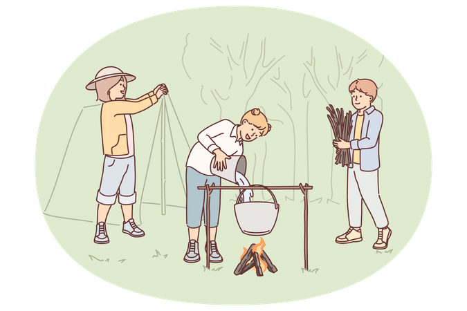 Les enfants scouts participent à une randonnée en forêt  Illustration