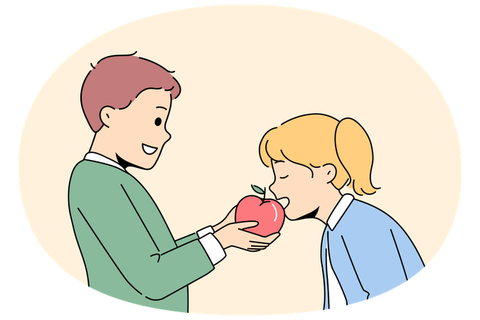 Des enfants souriants partagent une pomme  Illustration