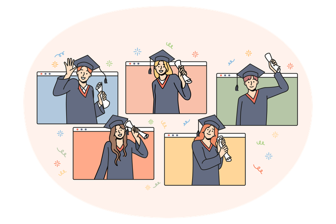 Des étudiants heureux en manteaux célèbrent l'obtention de leur diplôme universitaire en étudiant en ligne  Illustration