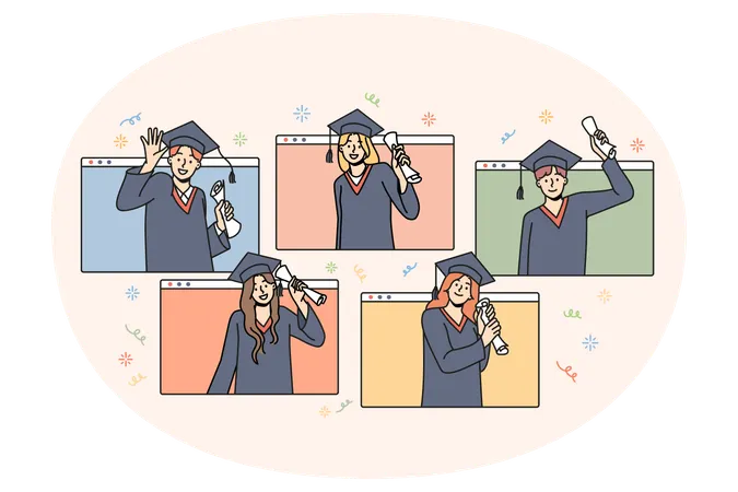 Des étudiants heureux en manteaux célèbrent l'obtention de leur diplôme universitaire en étudiant en ligne  Illustration
