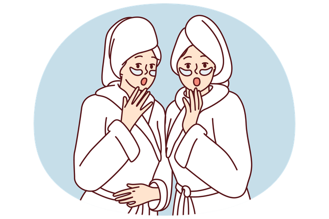 Des femmes choquées, vêtues de peignoirs de douche blancs avec des serviettes sur les cheveux mouillés, ouvrent la bouche  Illustration
